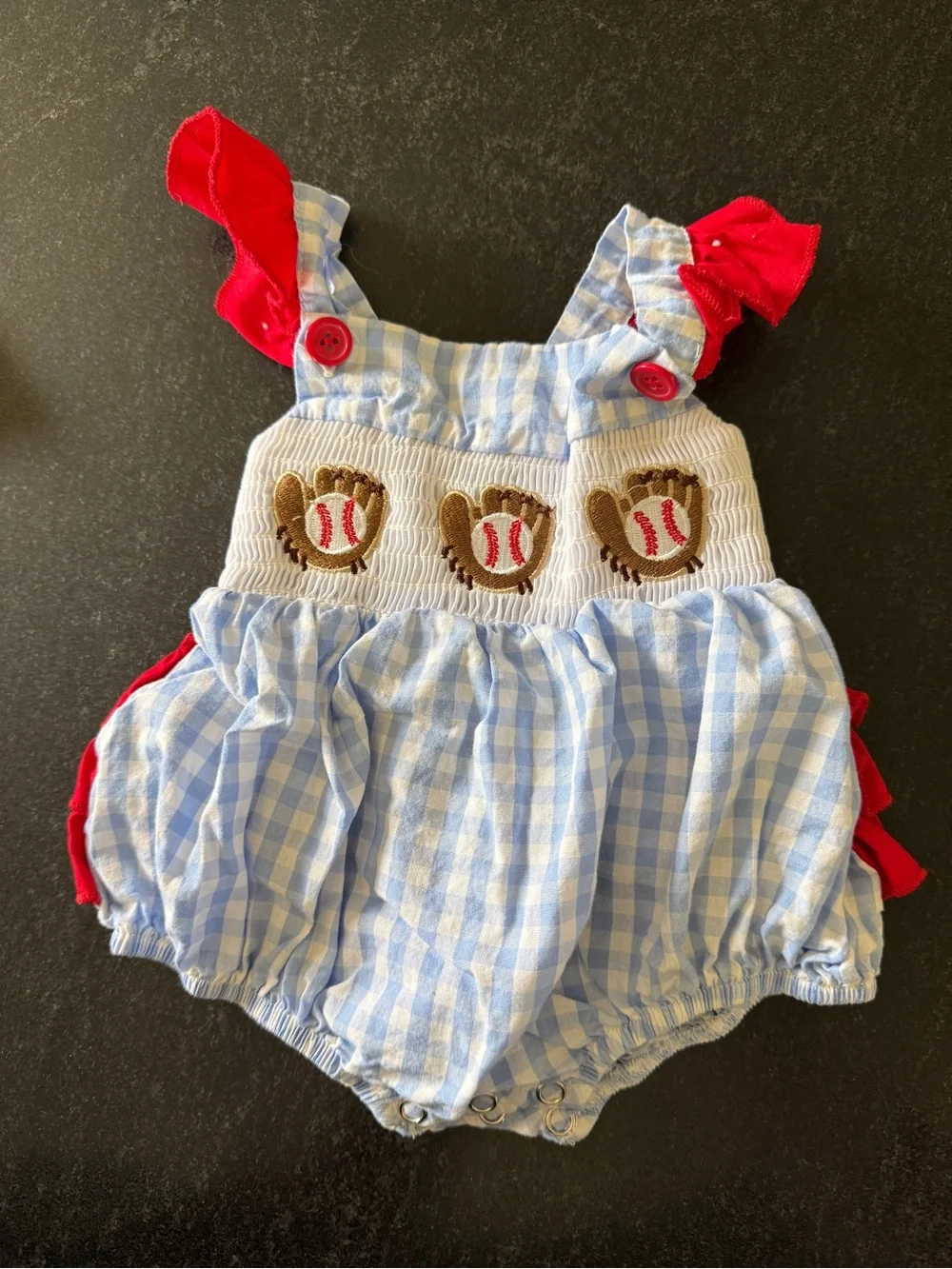 Blue Gingham Baby One-Piece with Red Ruffle Straps and Baseball Embroidery